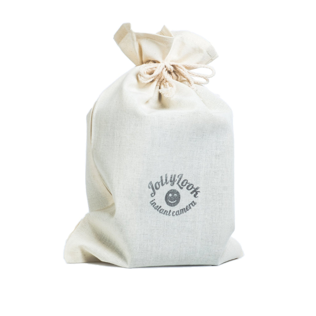 Fabric eco-friendly bag with the Jollylook camera in it against a white background, featuring the Jollylook logo and an official seal prominently displayed on its surface.