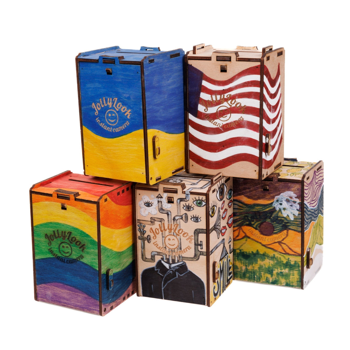 Five natural wood Jollylook Pinhole Mini instant cameras arranged together