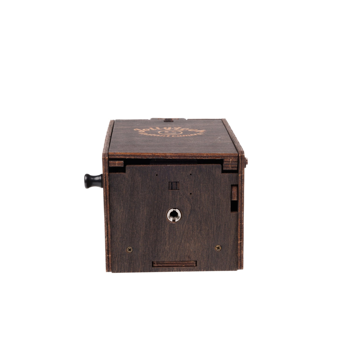 Close-up of tripod connection on Jollylook Pinhole Mini in stained brown