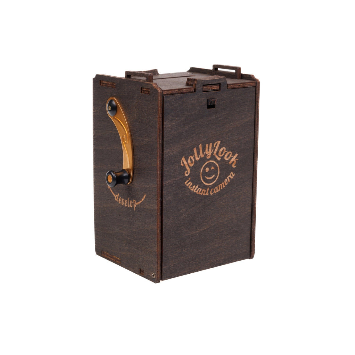 Folded stained brown Jollylook Pinhole Mini camera showing the tripod socket