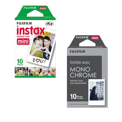 Two packs of Fujifilm's Instax Mini instant film side by side, one with vibrant color film and the other featuring classic monochrome film, representing diverse options for capturing memories in either vivid hues or timeless black and white