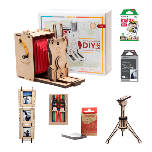 The Jollylook Pinhole Mini DIY kit in Natural Wood color bundle displayed its varied components: a make-it-yourself pinhole camera compatible with Fujifilm's Instax Mini film, a red fabric neckstrap, a set of 10 Mini Magnet Tapes, a DIY Natural Wood plywood tripod kit for self-assembly, and a set of 3 Natural Wood plywood interconnectable Instax mini film photo frames. A perfect gift for those who love photography and desire to craft their own camera.