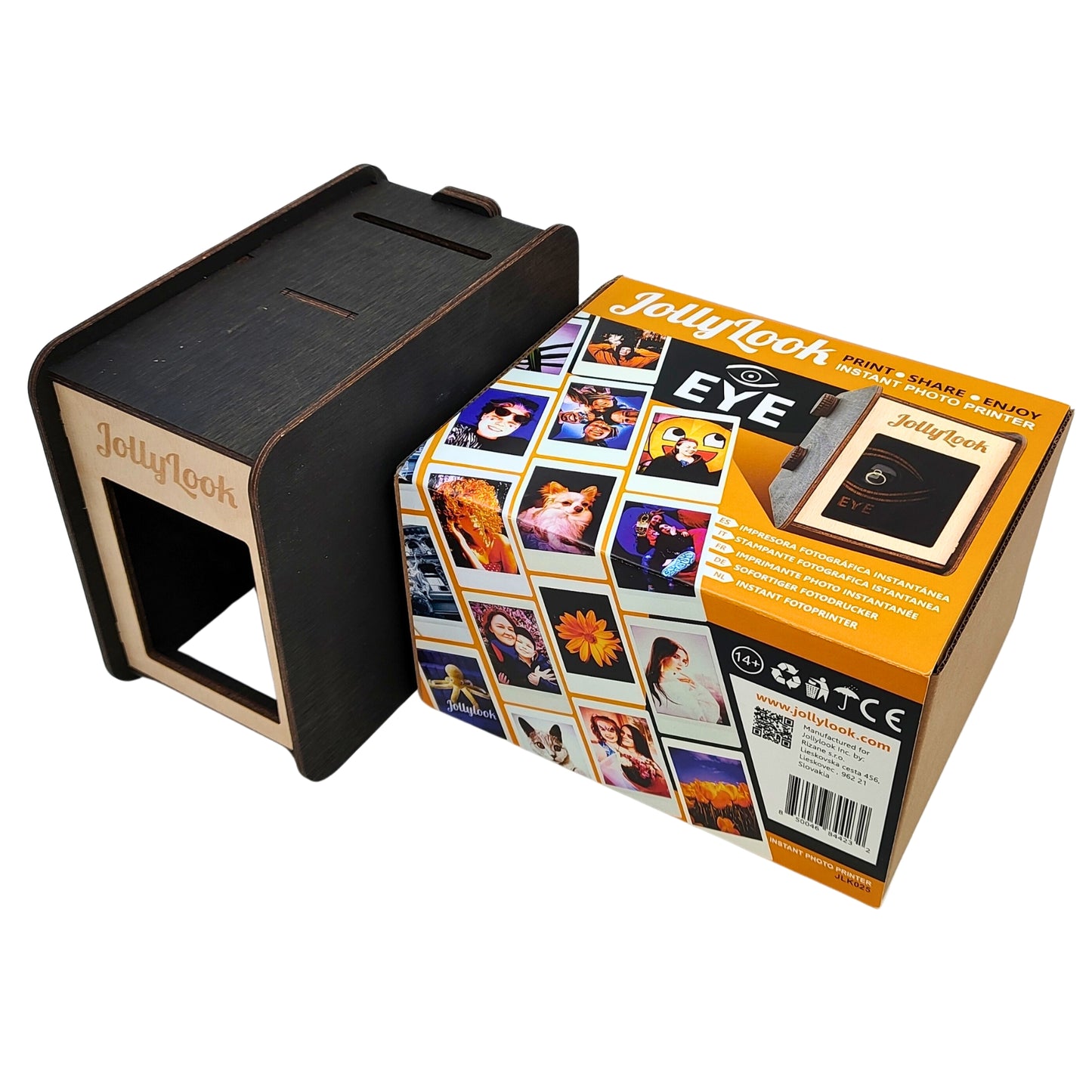 Jollylook EYE Instant Printer on white background compatible with Fujifilm Instax Mini Film with the packing