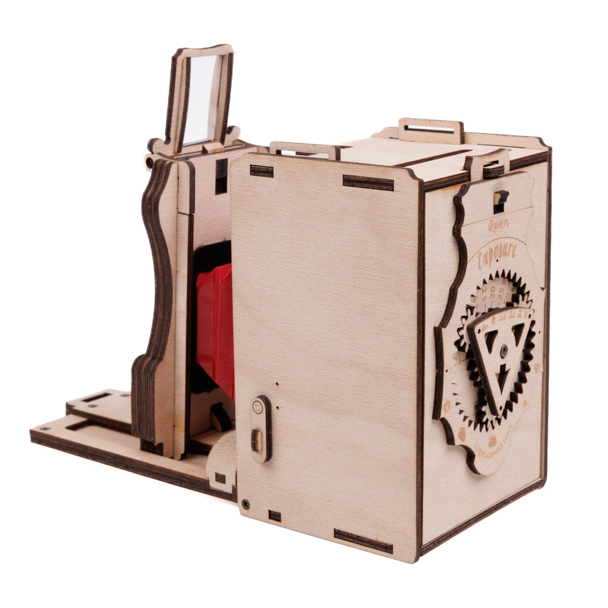 Jollylook Pinhole Mini instant camera unfolded in natural wood finish