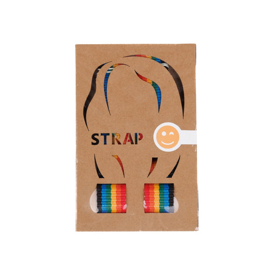 Packed Rainbow fabric neckstrap designed for Jollylook cameras, featuring a sturdy natural wood lock for securely carrying the camera.