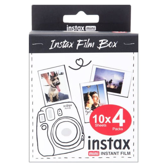 A pack of 4 x Fujifilm Instax Mini Color Film, each box promising the delivery of 10 credit-card-sized instant photos, neatly arranged and displayed.