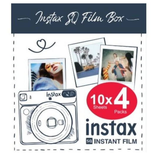 A pack of 4 x Fujifilm Instax Square Color Film, each box promising the delivery of 10 credit-card-sized instant photos, neatly arranged and displayed.