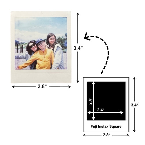 Fujifilm Instax Square film print dimensions and square image area diagram