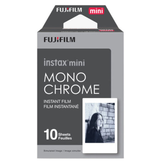 A packs of 10 Fujifilm's Instax Mini instant film featuring classic monochrome film