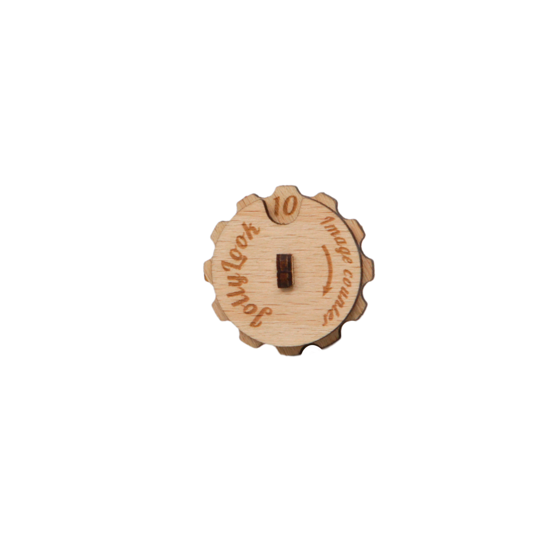 A round wooden image counter in Natural Wood Color featuring the Jollylook logo for keeping track of how many images remain in your Instax film cartridge