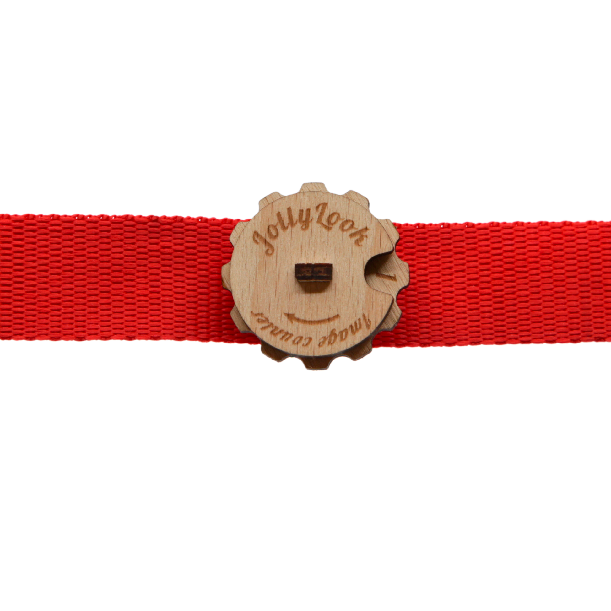 A round wooden image counter in Natural Wood Color featuring the Jollylook logo on a red strap for keeping track of how many images remain in your Instax film cartridge