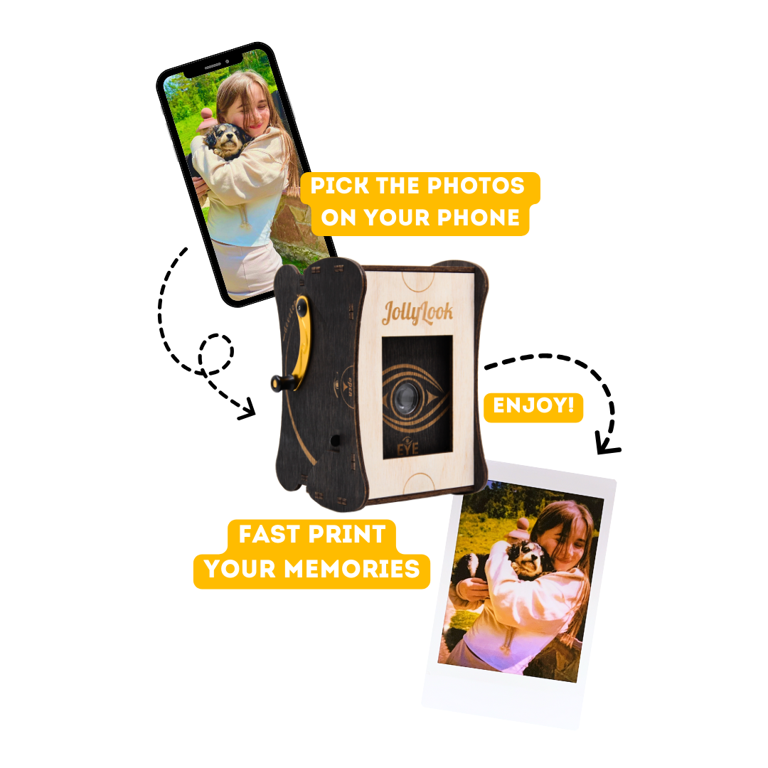  A white background featuring a Jollylook EYE instant printer, a smartphone, and an instant photo. The text on the image reads 'Pick the photos on your phone,' 'Fast print your memories,' and 'Enjoy.'"