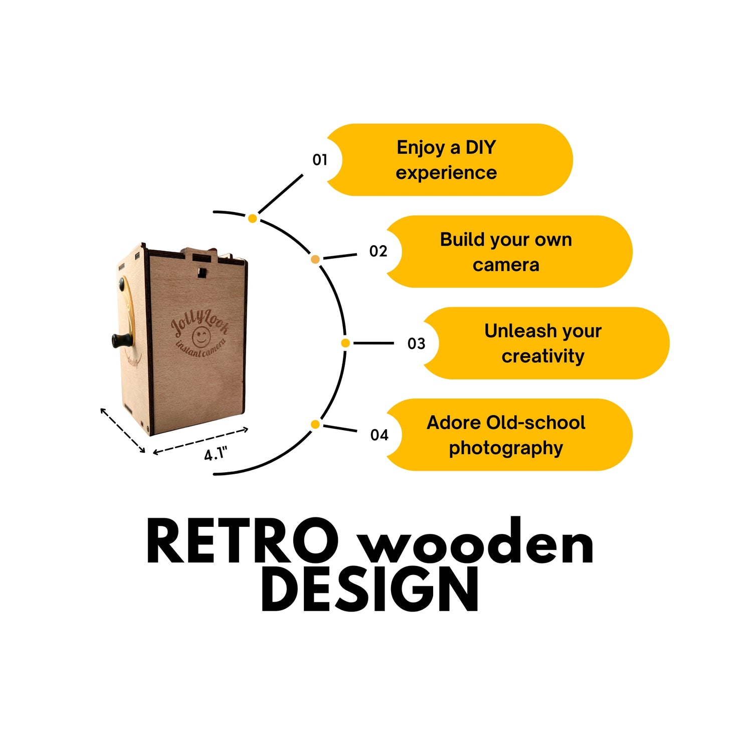 Image presenting a folded Jollylook Pinhole Instant Mini Film Camera, in its Natural Wood color, placed against a white background. Around the camera, signed dimensions. Emblazoned across the image are inspiring call-to-action phrases like 'Enjoy a DIY Experience', 'Build Your Own Camera', 'Unleash Your Creativity', and 'Adore Old-School Photography'.