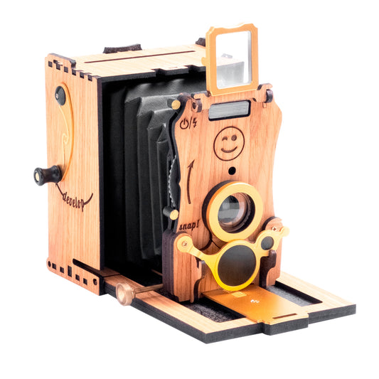 Jollylook Auto Square Instant film camera - A modern, vintage-styled fold-out instant film camera, combining a classic design, in Oak White  color