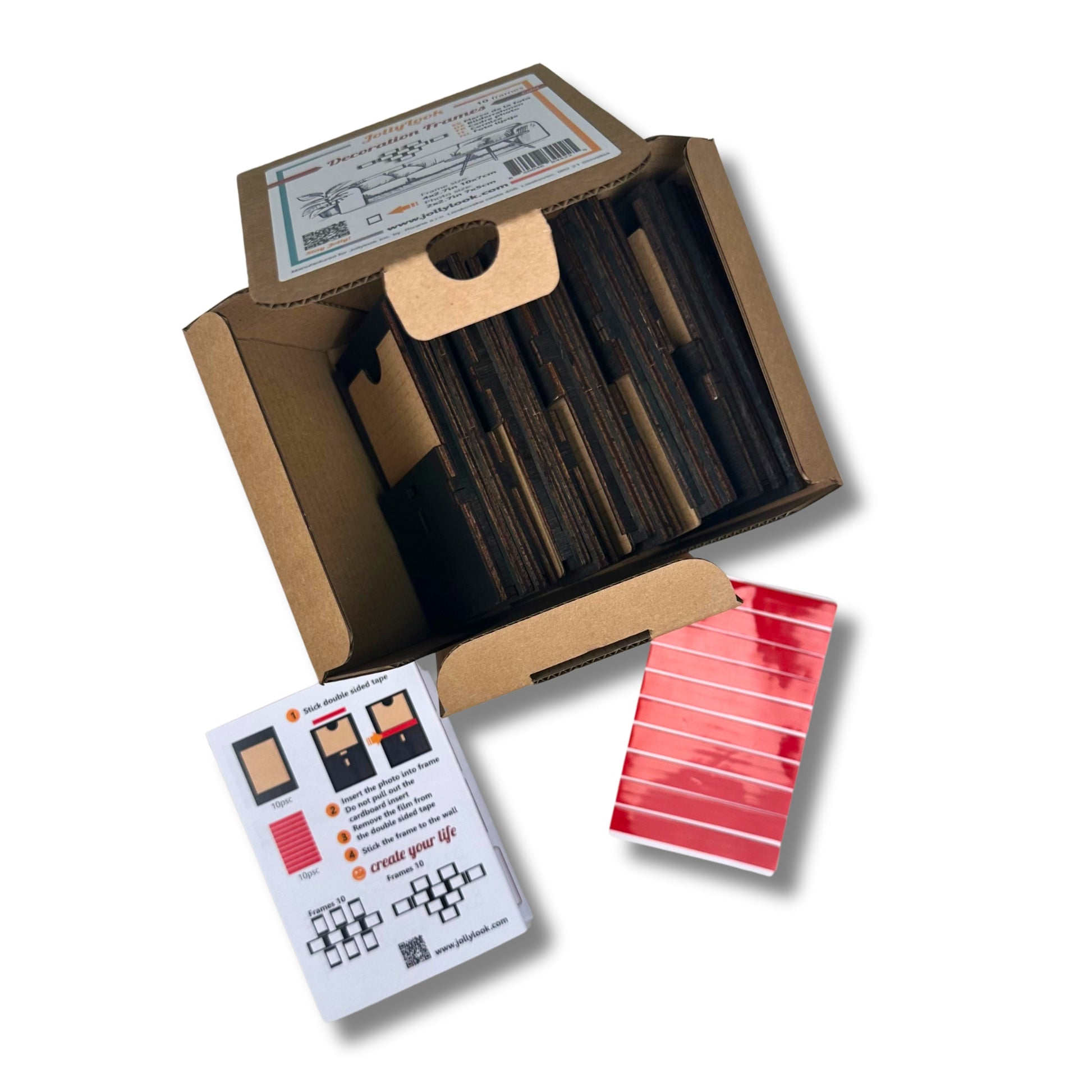 Image depicting unassembled DIY wooden frames stained in a deep brown color, illustrating the practical steps on how to use them for instant mini photos taken with a Jollylook camera