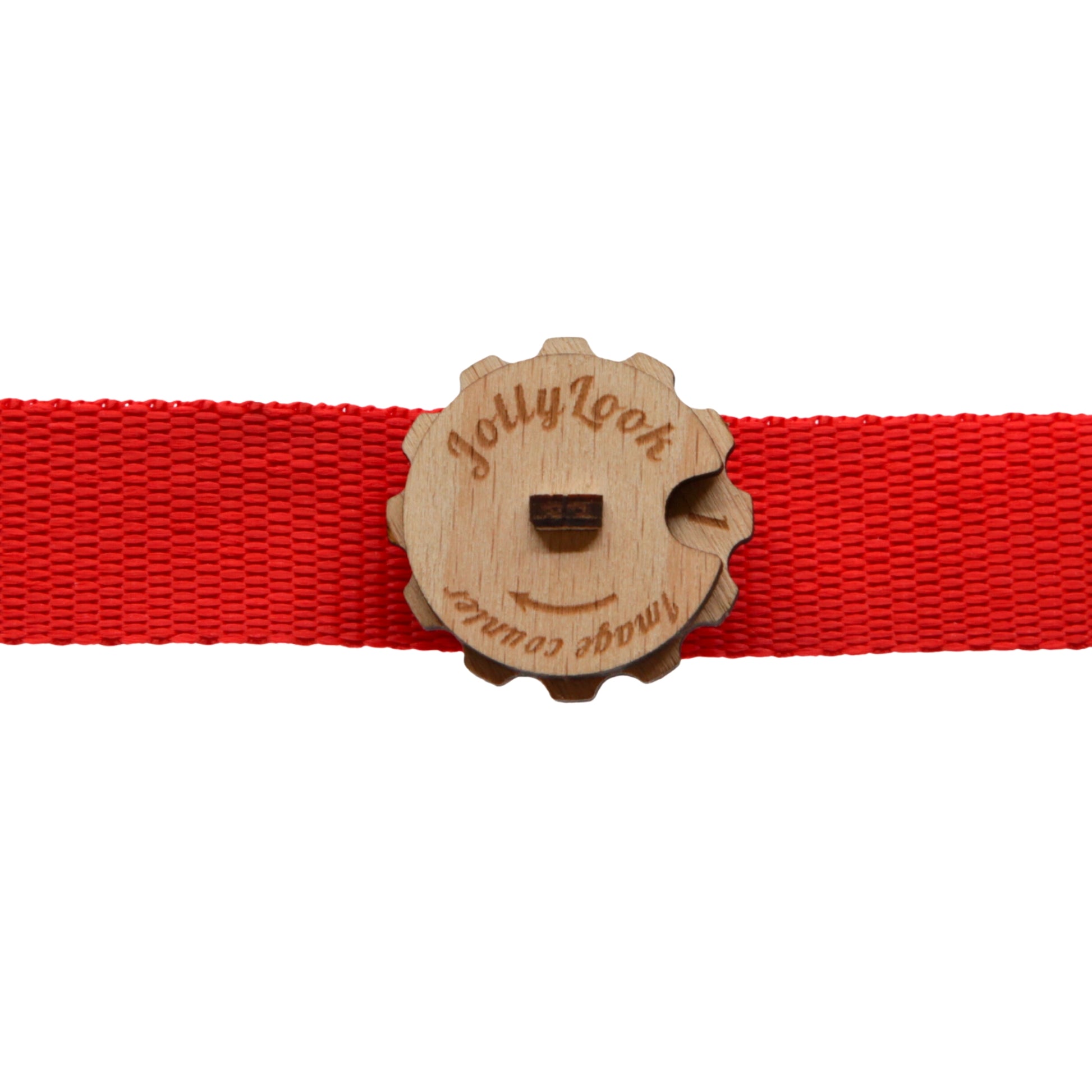 A round wooden image counter in Natural Wood Color featuring the Jollylook logo on a red strap for keeping track of how many images remain in your Instax film cartridge