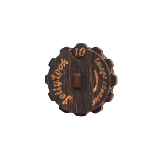 A round wooden image counter in Stained Brown Color featuring the Jollylook logo for keeping track of how many images remain in your Instax film cartridge