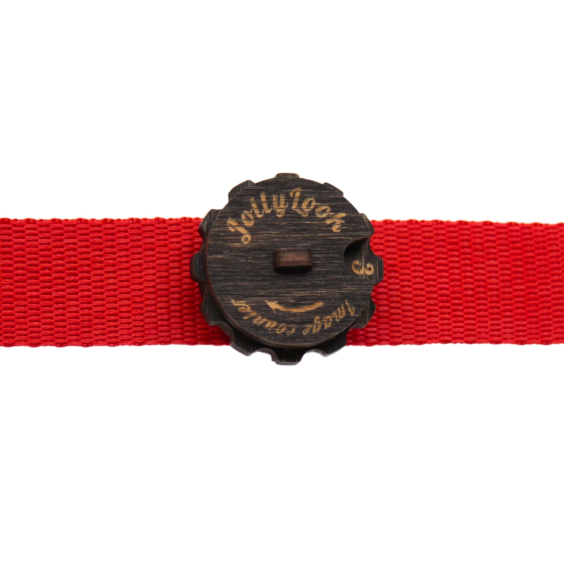 A round wooden image counter in Stained Brown Color featuring the Jollylook logo on a red strap for keeping track of how many images remain in your Instax film cartridge