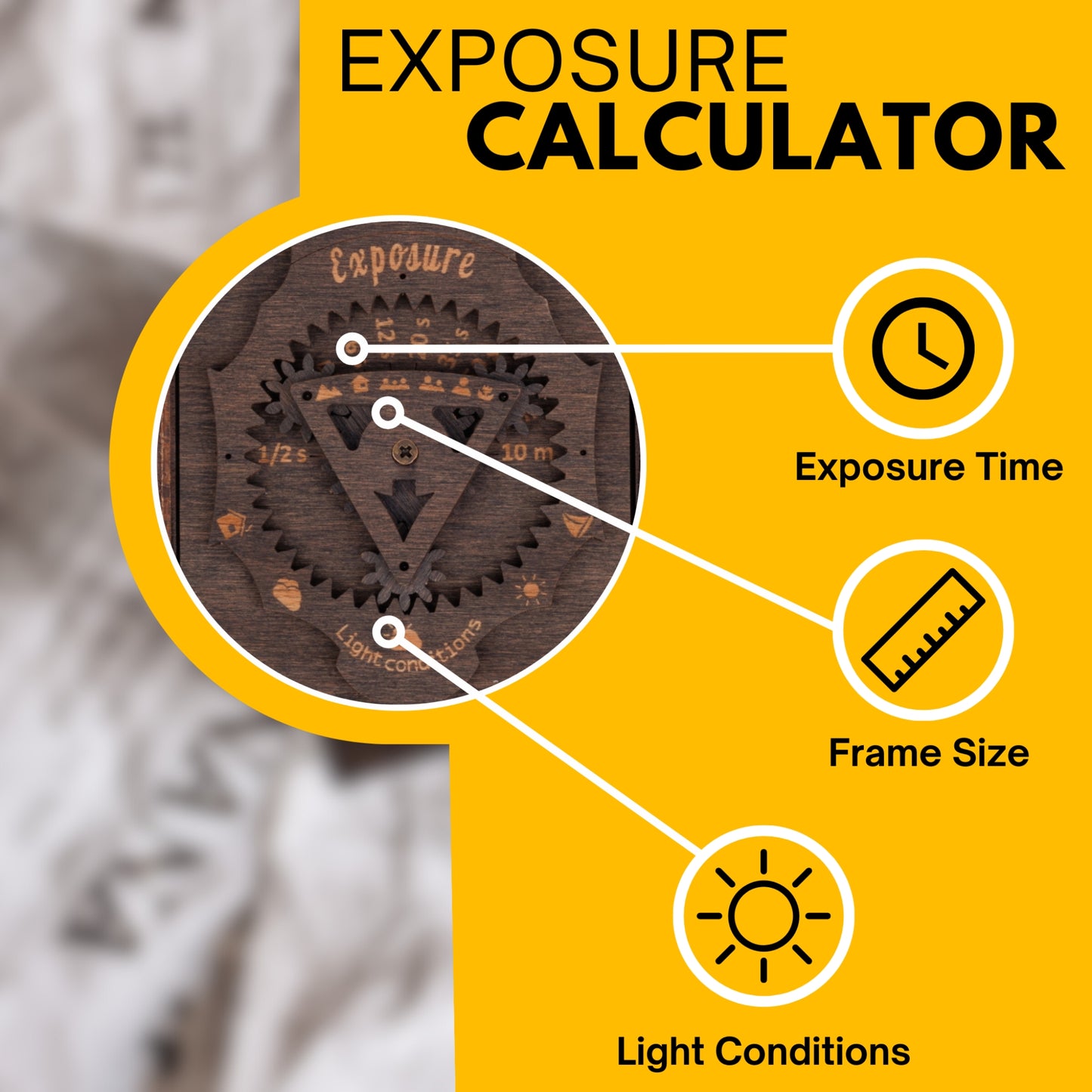 Infographics of an exposure calculator positioned on the rear cover of a stained brown Jollylook camera, providing quick-reference guidelines for photographers. The infographic delineates specifications including exposure time, image size, and lighting conditions, enabling users to ascertain optimal settings for various lightings.