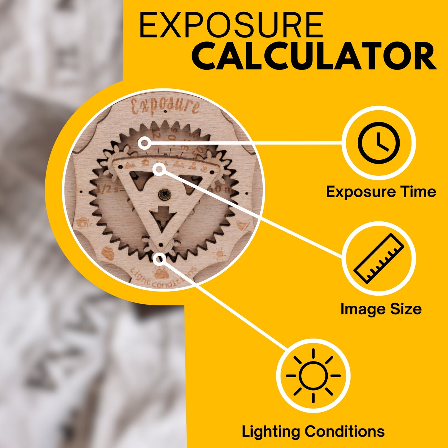Infographics of an exposure calculator positioned on the rear cover of a Jollylook camera, providing quick-reference guidelines for photographers. The infographic delineates specifications including exposure time, image size, and lighting conditions, enabling users to ascertain optimal settings for various lightings.