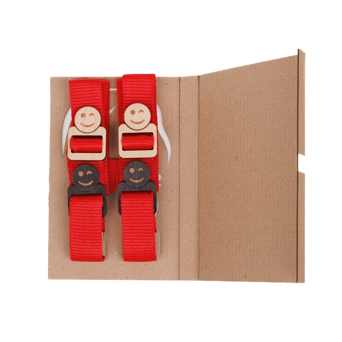 The red fabric neckstrap designed for Jollylook cameras, featuring a sturdy brown-stained lock, both components juxtaposed for securely carrying and utilizing the camera.