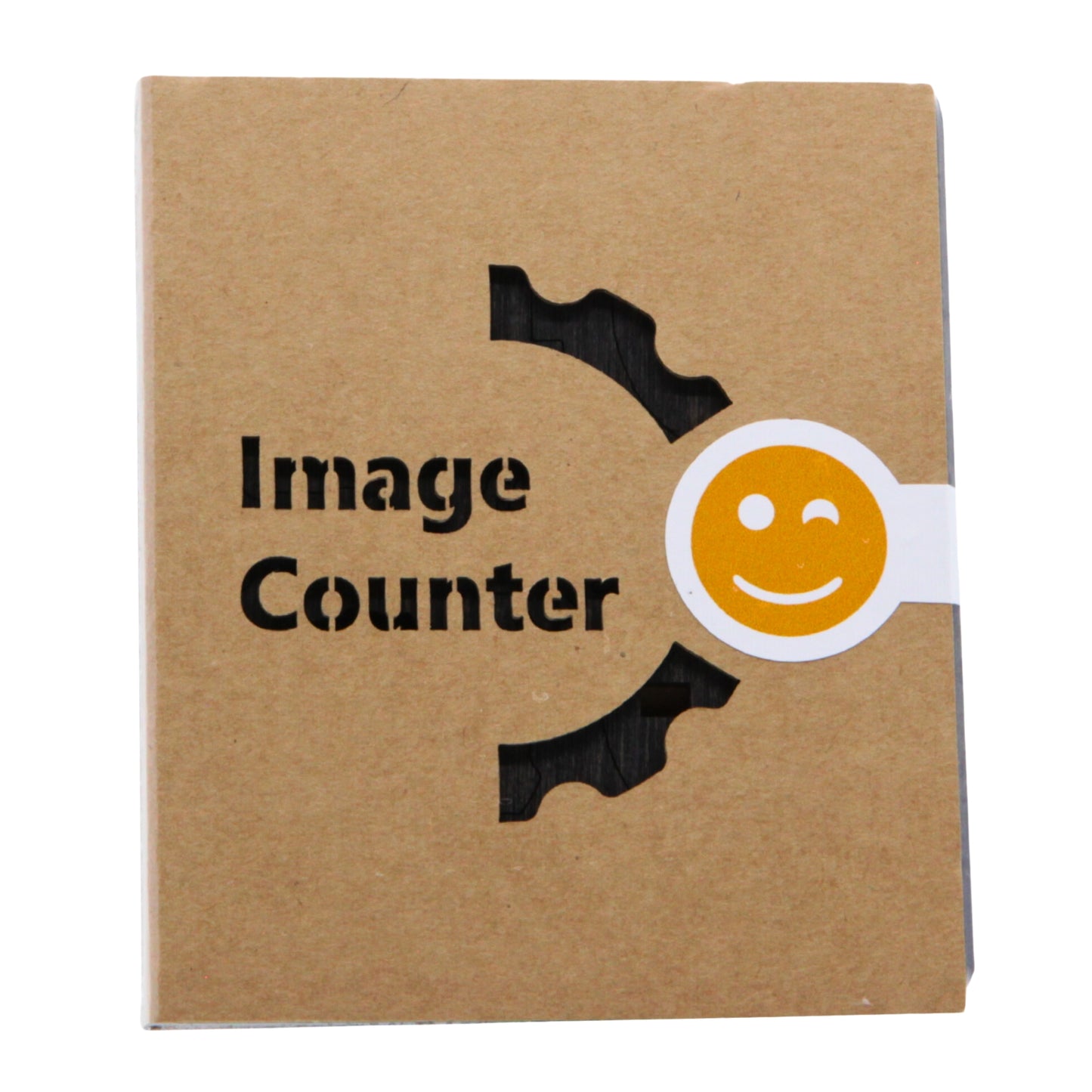 Packed unassembled round wooden image counter in Stained Brown Color featuring the Jollylook logo for keeping track of how many images remain in your Instax film cartridge
