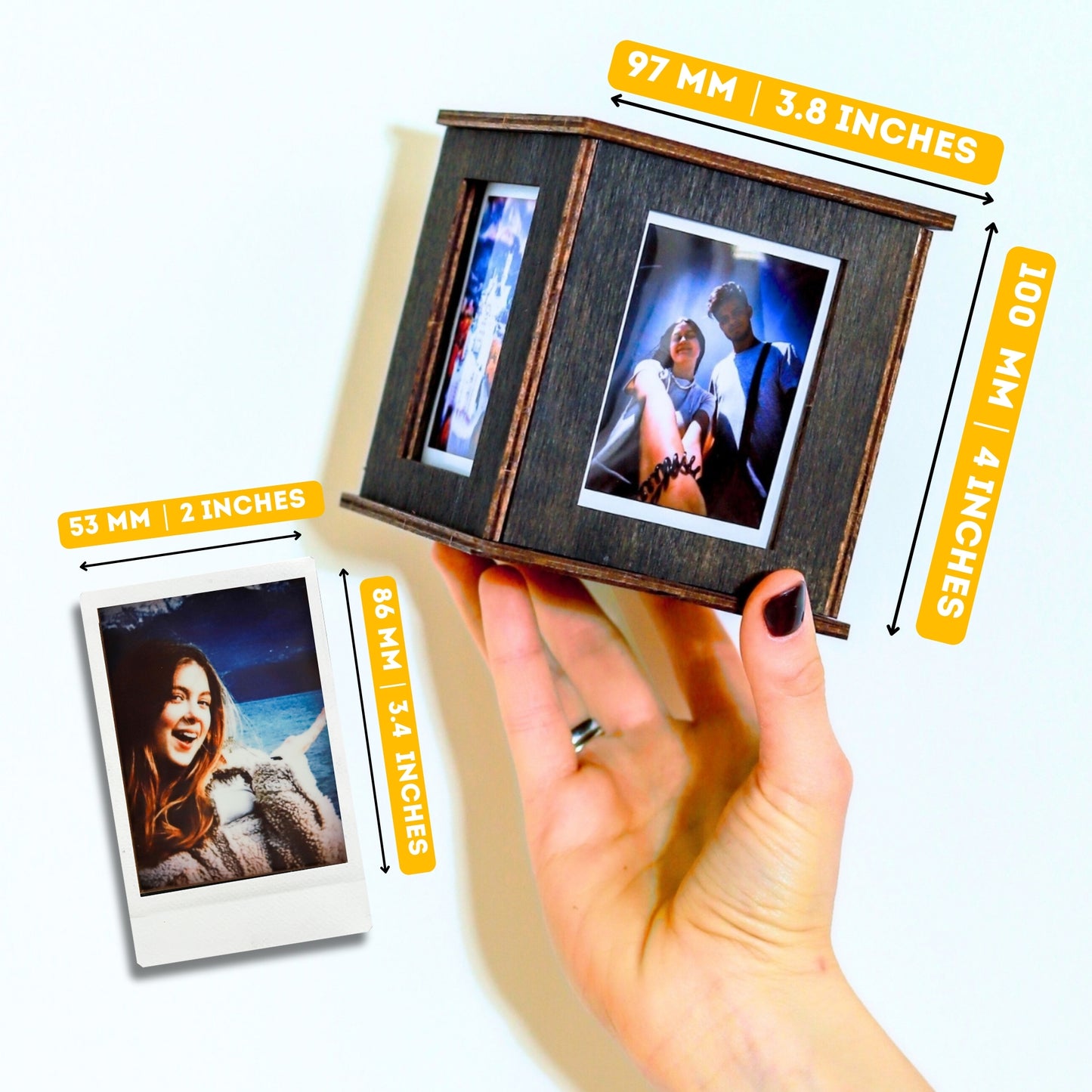 Jollylook Photo Box on a table with Instax Mini photos