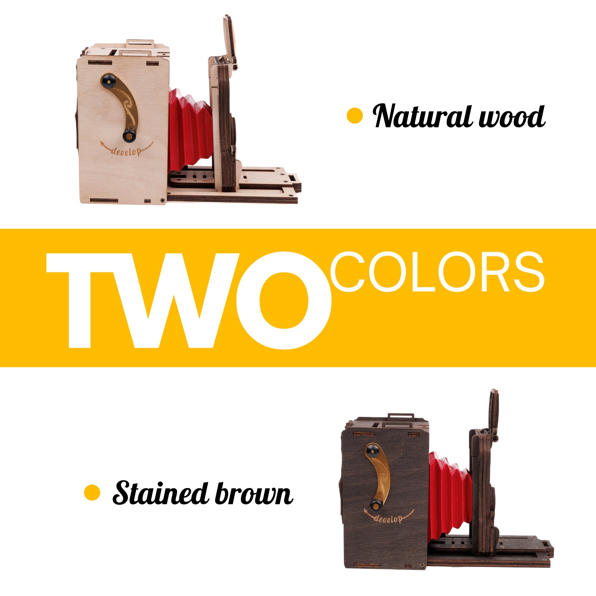 A photo with the profile view of the pre-assembled Pinhole Instant Mini Film Camera in two color options Stained Brown and Natural Wood