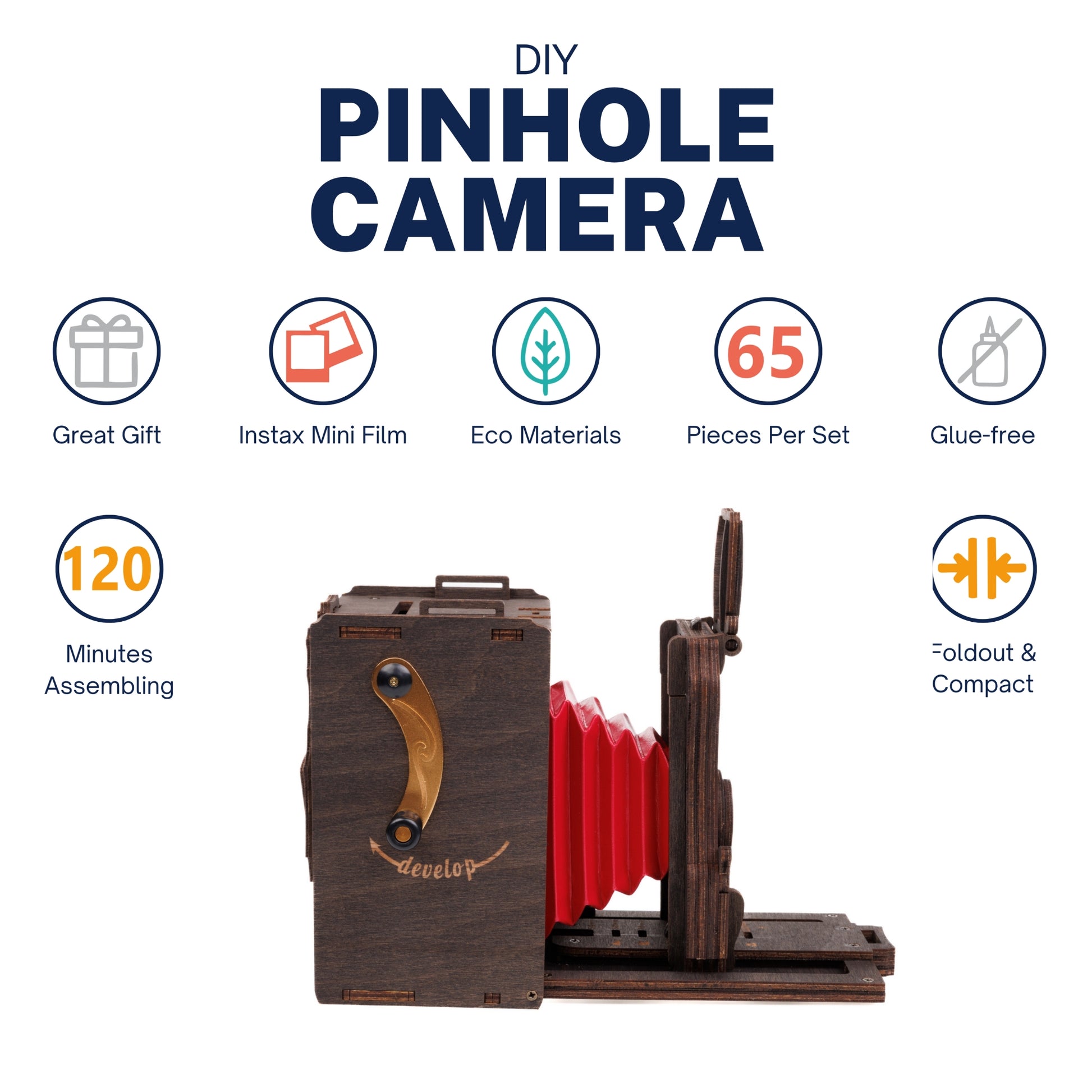A photo with the profile view of the pre-assembled Pinhole Instant Mini Film Camera in Stained Brown option, with the advantages and features, highlighting various attributes such as: 'Eco-Materials', 'Glue Free', 'Great Gift', 'Vintage Style', '120 Minutes Assembling', '65 pieces per set', 'Instax Mini Film ready' and 'Foldout and Compact'.