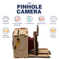 A photo with the profile view of the pre-assembled Pinhole Instant SQUARE Film Camera in Natural Wood option, with the advantages and features, highlighting various attributes such as: 'Eco-Materials', 'Glue Free', 'Great Gift', 'Vintage Style', '120 Minutes Assembling', '65 pieces per set', 'Instax SQUARE Film ready' and 'Foldout and Compact'.