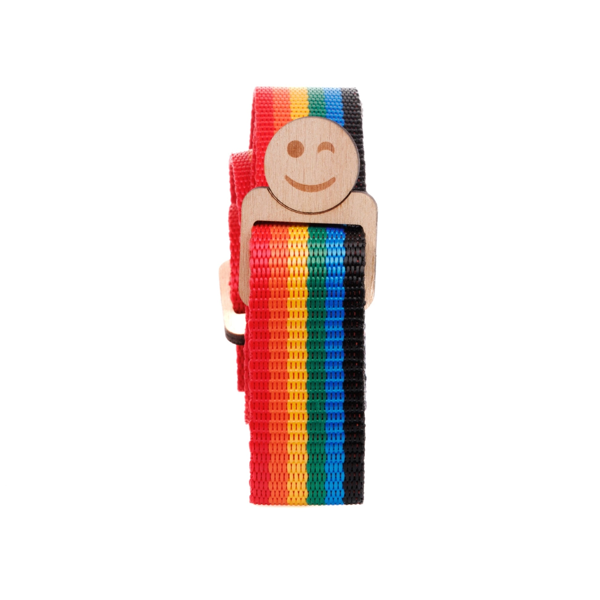 Packed Rainbow fabric neckstrap designed for Jollylook cameras, featuring a sturdy natural wood lock for securely carrying the camera.