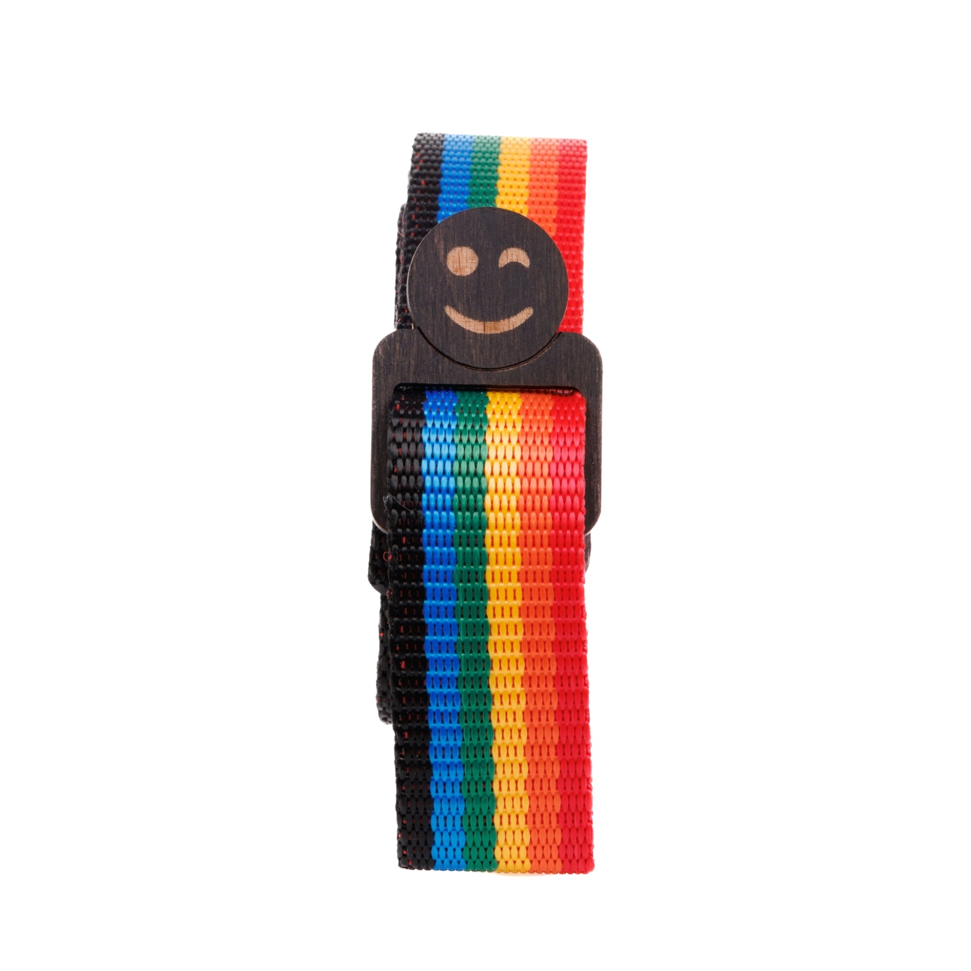 Packed Rainbow fabric neckstrap designed for Jollylook cameras, featuring a sturdy natural wood lock for securely carrying the camera.