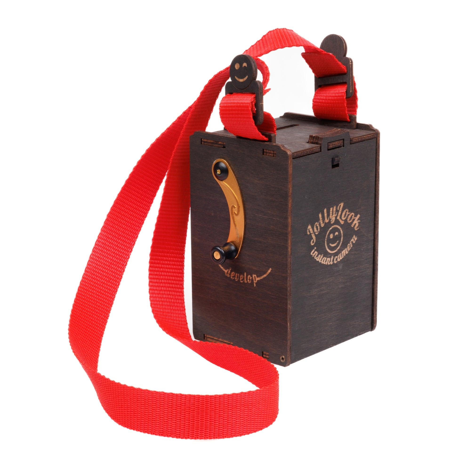 The red fabric neckstrap designed for Jollylook cameras, featuring a sturdy brown-stained lock, both components juxtaposed for securely carrying and utilizing the camera.