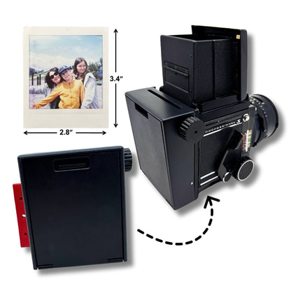 Jollylook Instant Back mounted on a Mamiya RB67 with Instax Square film loaded