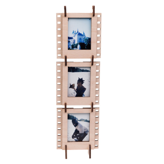 A set of three natural plywood interconnectable Instax mini film photo frames for instant mini photos.