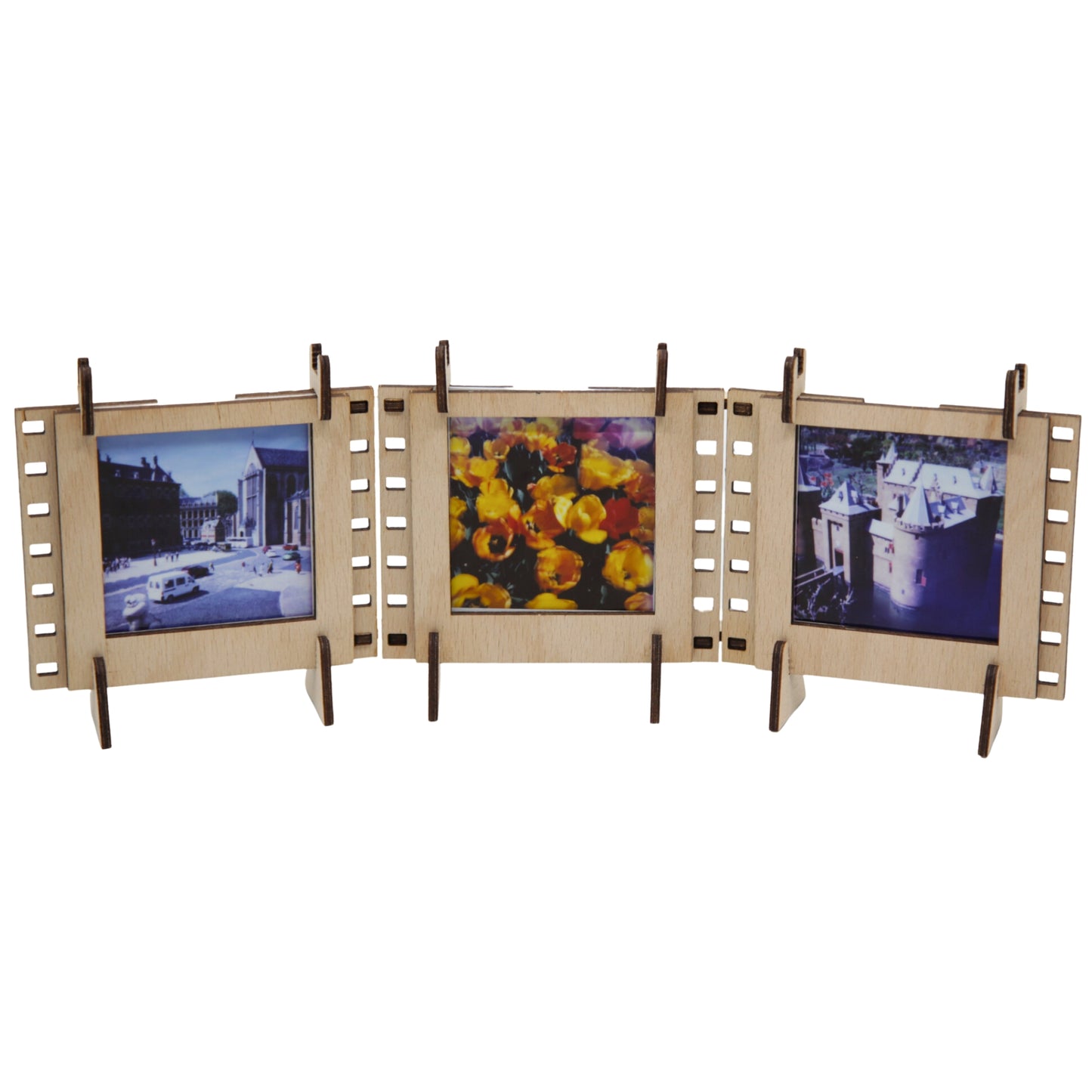 A set of three Natural plywood interconnectable Instax SQUARE film photo frames for instant SQUARE photos.