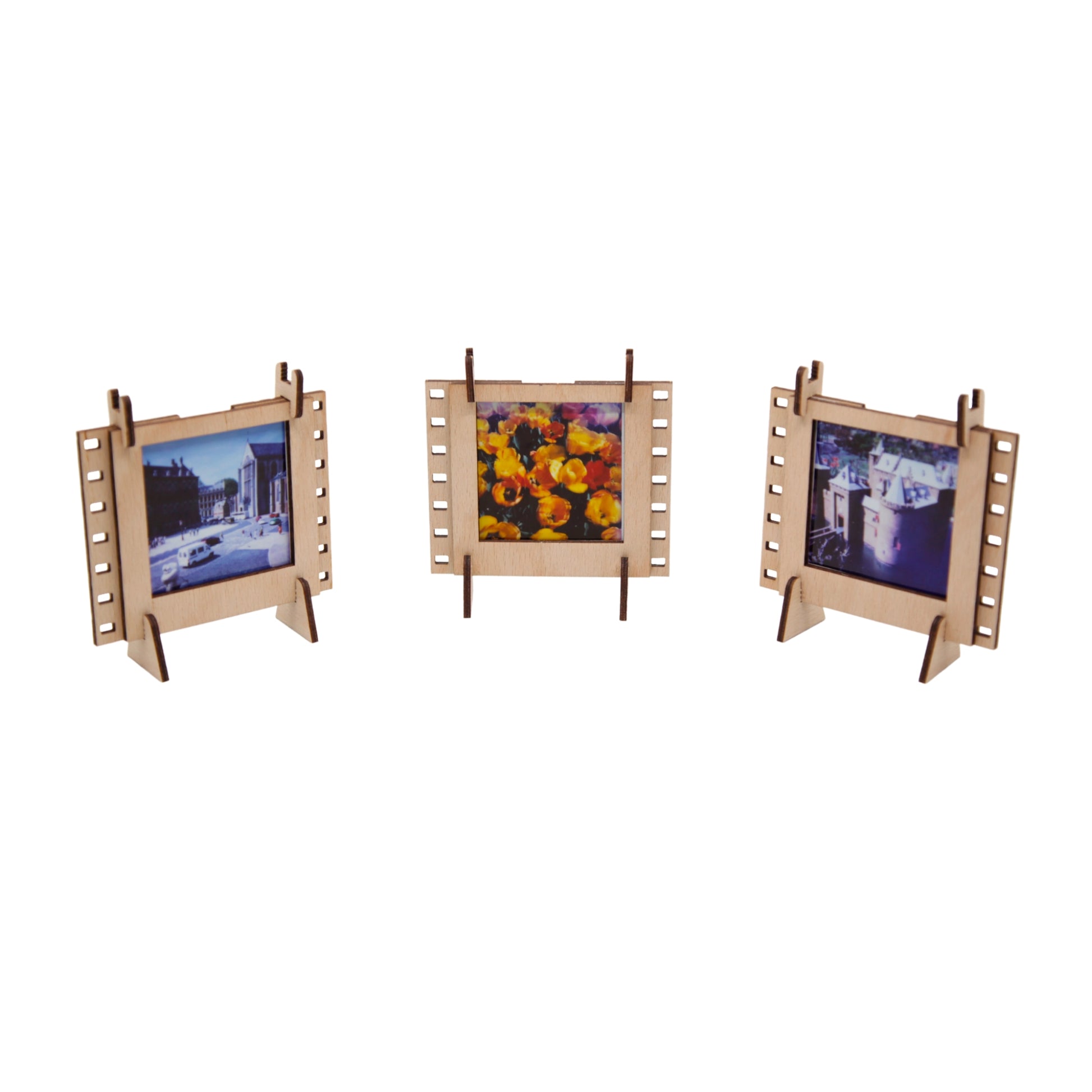 A set of three Natural plywood interconnectable Instax SQUARE film photo frames for instant SQUARE photos.