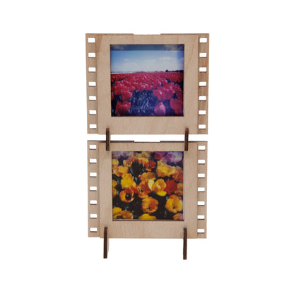 A set of two natural plywood interconnectable Instax SQUARE film photo frames for instant SQUARE photos.