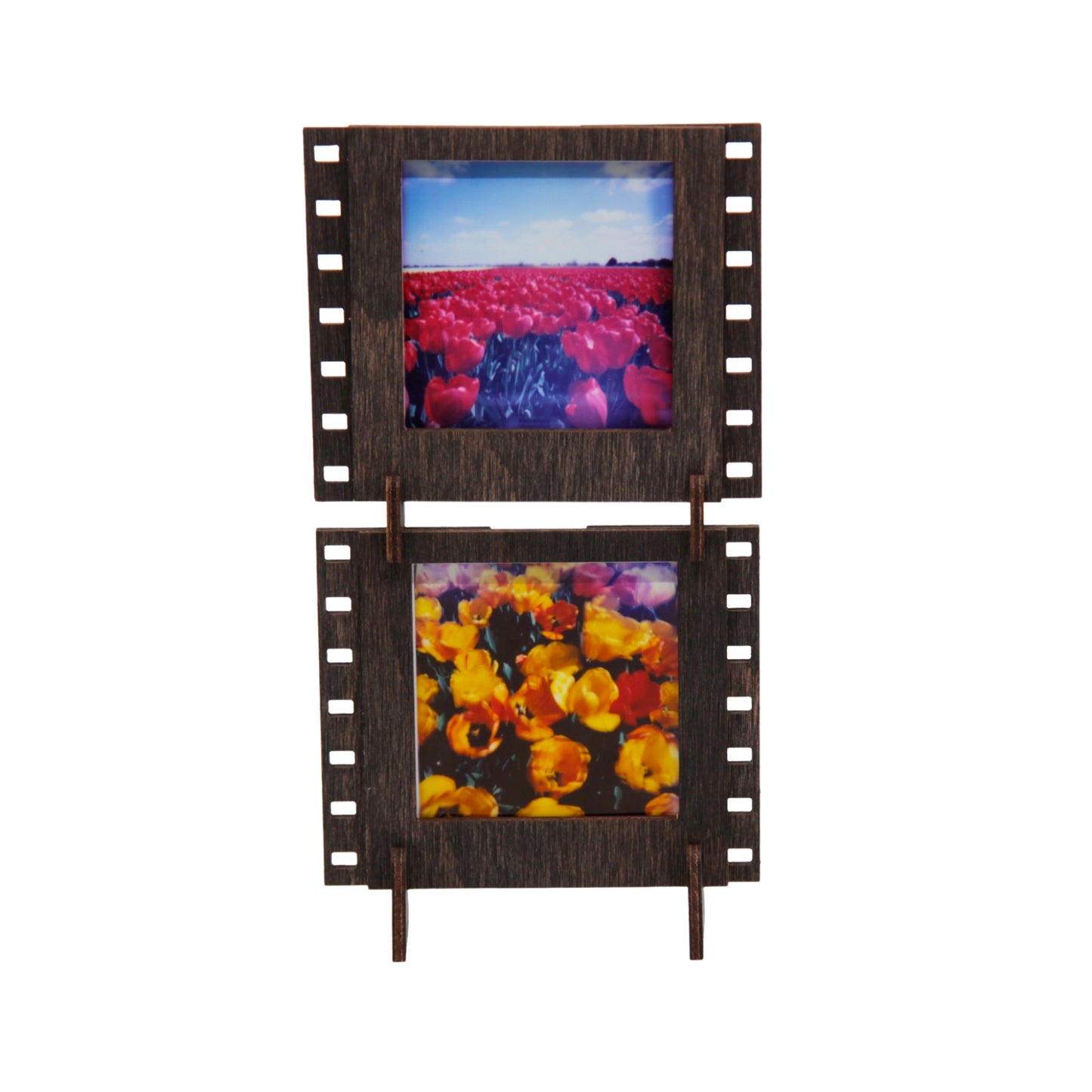 A set of two stained brown plywood interconnectable Instax SQUARE film photo frames for instant SQUARE photos.