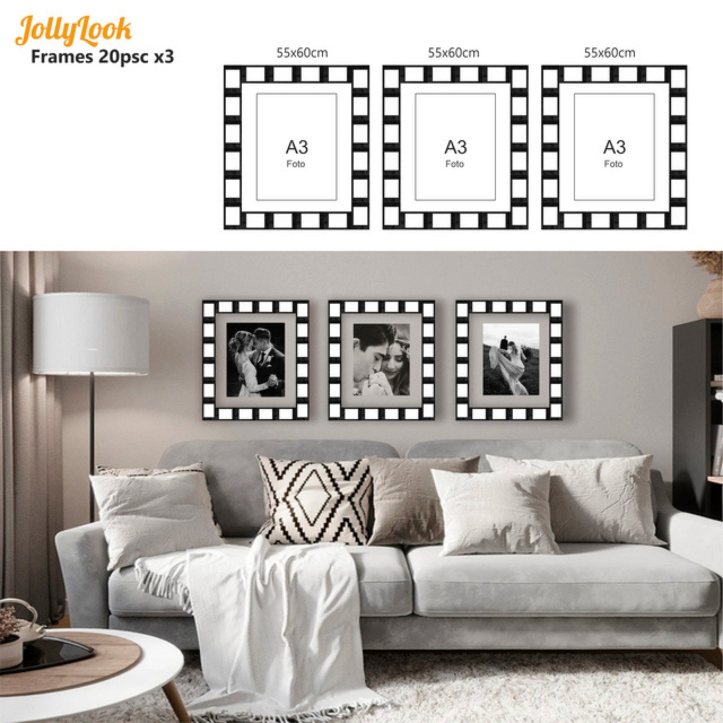 Interior display of DIY wooden frames in Stained Brown Color for instant Mini photos taken with a Jollylook camera. Three frames are creatively arranged on a grey wall