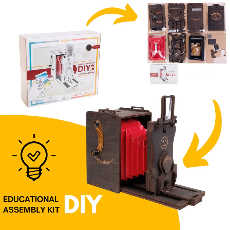 Image showcasing three distinct stages of the Educational Assembly DIY Pinhole Instant Film Camera Kit for Self Assembly in Natural Wood, arranged against a white background. On the left, is the sturdy box of the kit, on the right, the kit is opened to reveal an orderly display of all the components, and in the center, the successfully assembled camera, showcasing the end result of the assembly process