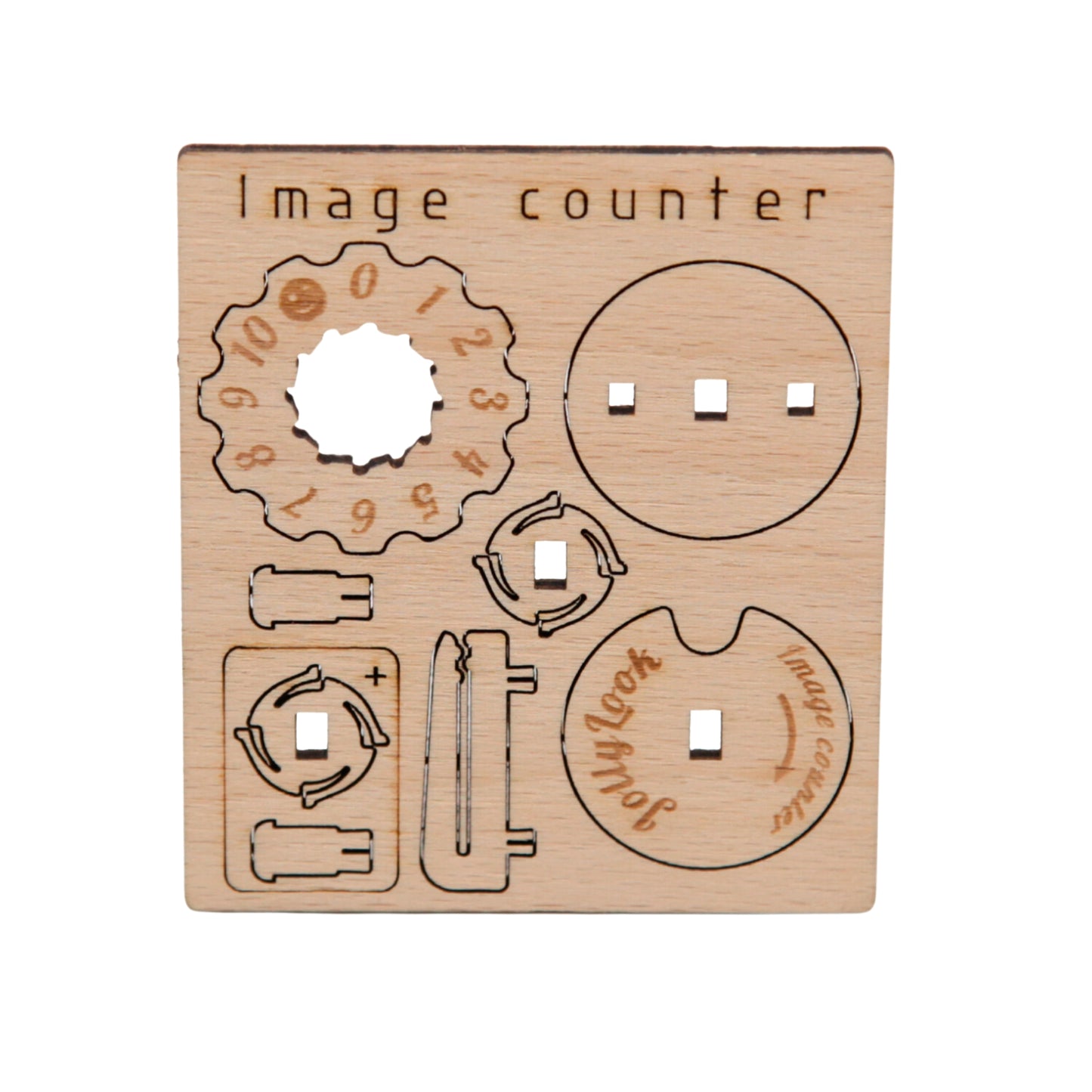 Unassembled wooden image counter in Natural Wood Color featuring the Jollylook logo for keeping track of how many images remain in your Instax film cartridge