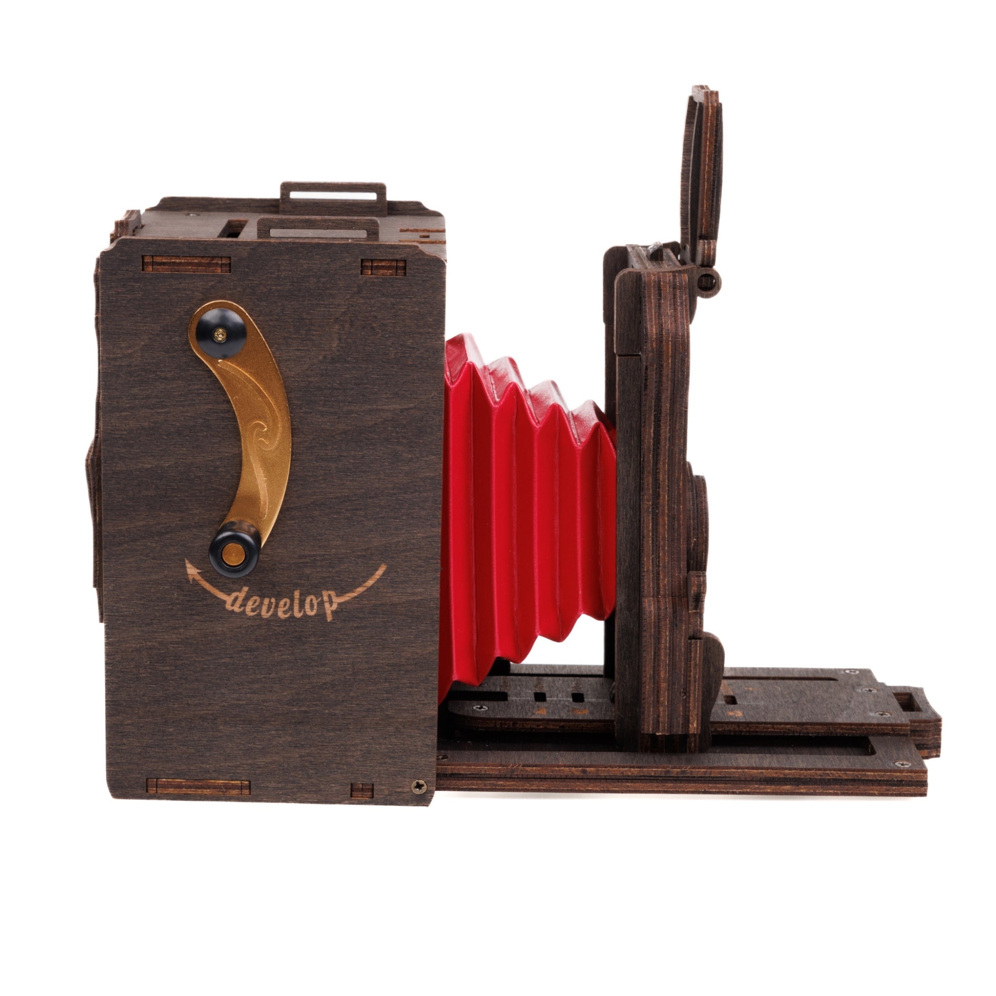 Unfolded Pre-assembled Pinhole Instant Mini Film Camera in Stained Brown color against white background