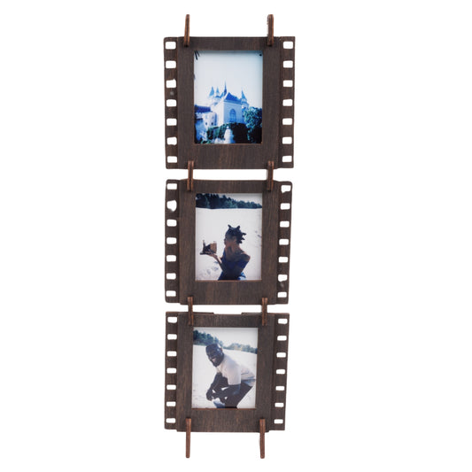 A set of three stained brown plywood interconnectable Instax mini film photo frames for instant mini photos.