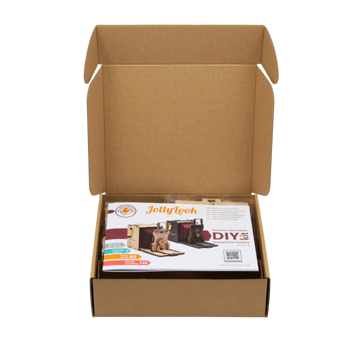 An opened brown packaging box containing the Natural Wood DIY Pinhole Instant SQUARE Film Camera Kit for self-assembly, is displayed against a clean white background. The box lays invitingly open, revealing a peek of the package inside, which is intended to craft your own pinhole camera.