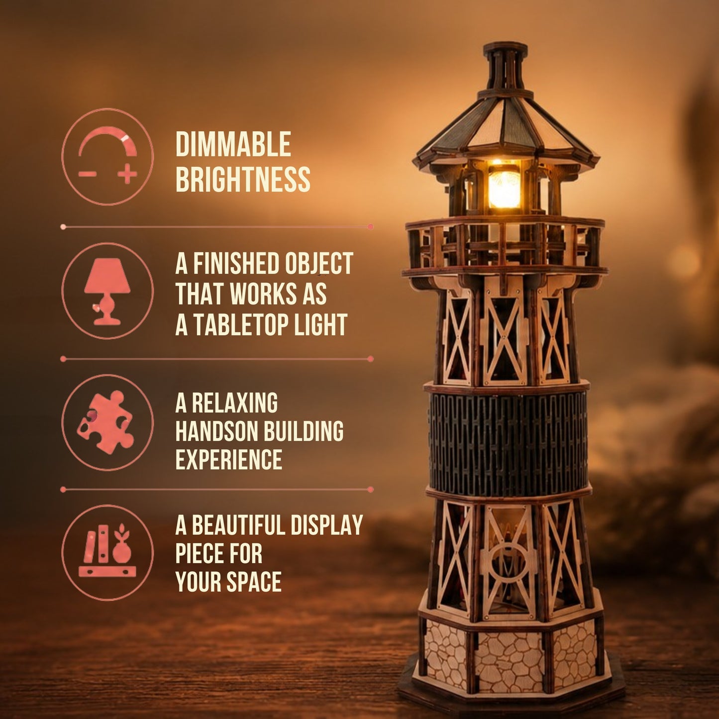 Jollylook Kinetic Lighthouse wooden mechanical model kit assembled and lit on a tabletop.
Hand-cranked rotating light mechanism inside The Kinetic Lighthouse.
Laser-cut beech plywood parts included in The Kinetic Lighthouse DIY kit