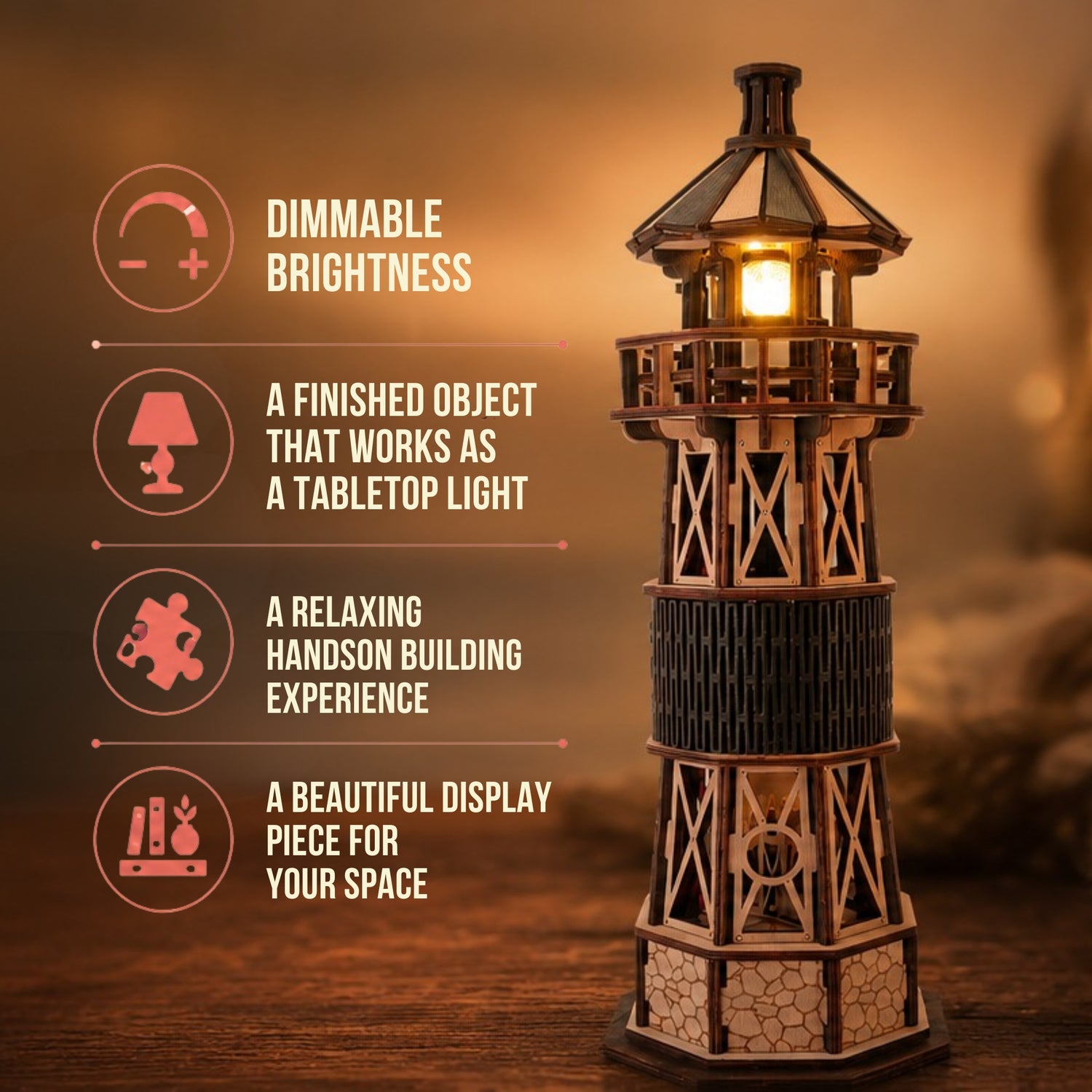 Jollylook Kinetic Lighthouse wooden mechanical model kit assembled and lit on a tabletop.
Hand-cranked rotating light mechanism inside The Kinetic Lighthouse.
Laser-cut beech plywood parts included in The Kinetic Lighthouse DIY kit