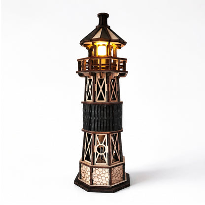 Jollylook Kinetic Lighthouse wooden mechanical model kit assembled and lit on a tabletop.
Hand-cranked rotating light mechanism inside The Kinetic Lighthouse.
Laser-cut beech plywood parts included in The Kinetic Lighthouse DIY kit