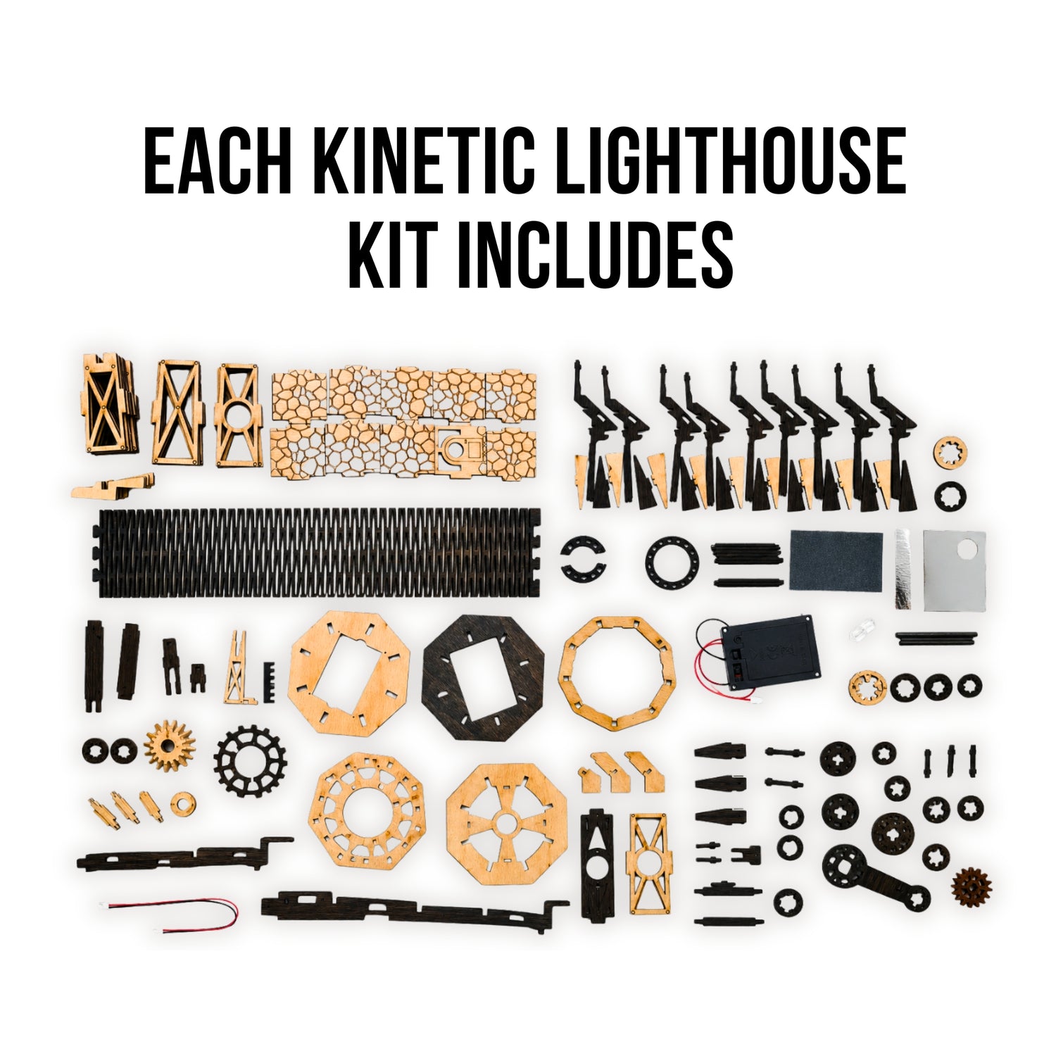 Jollylook Kinetic Lighthouse wooden mechanical model kit assembled and lit on a tabletop. It has a real working light with three modes: warm, cold, and mixed. 
