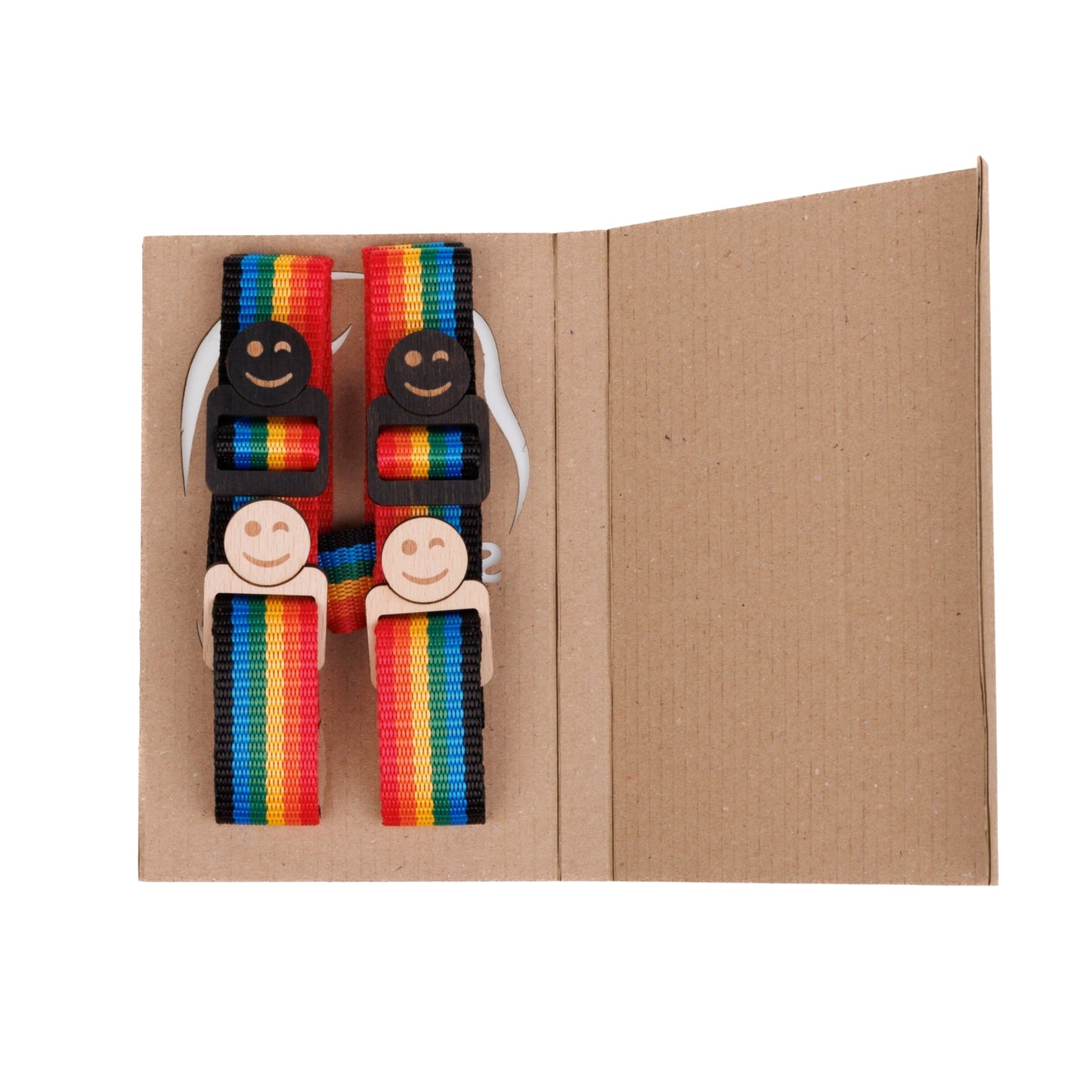 Packed Rainbow fabric neckstrap designed for Jollylook cameras, featuring a sturdy natural wood lock for securely carrying the camera.